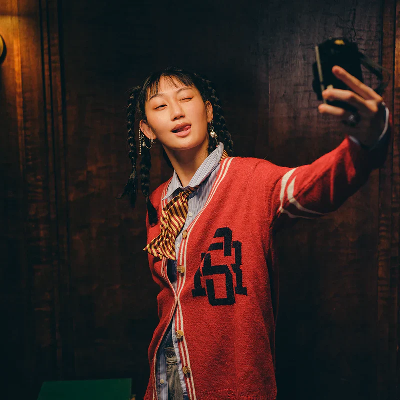 DISTRESSED RED VARSITY CARDIGAN - Image 3