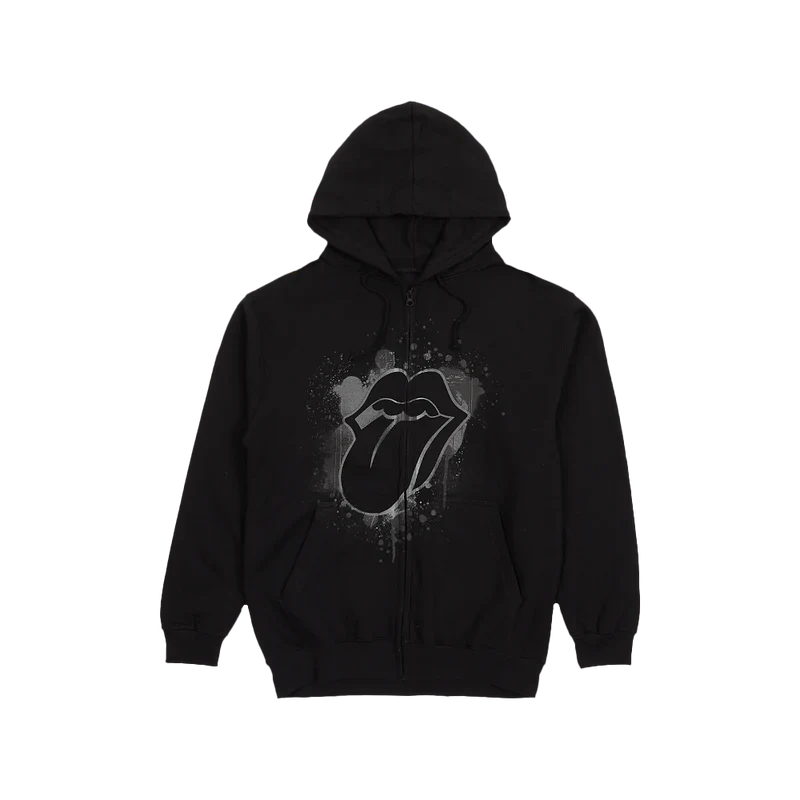 Paint It Black Reflective Tonal Splatter Tongue Print Zip Hoodie