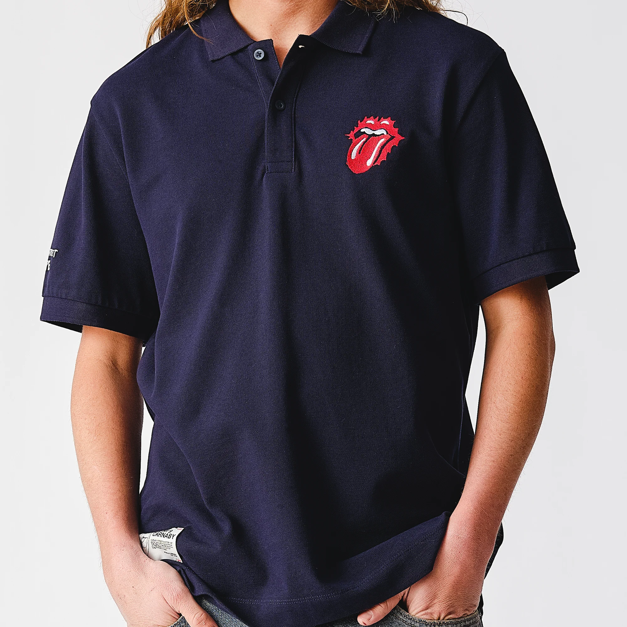 Scorching Stones Tongue Embroidered Navy Polo Shirt - Image 5